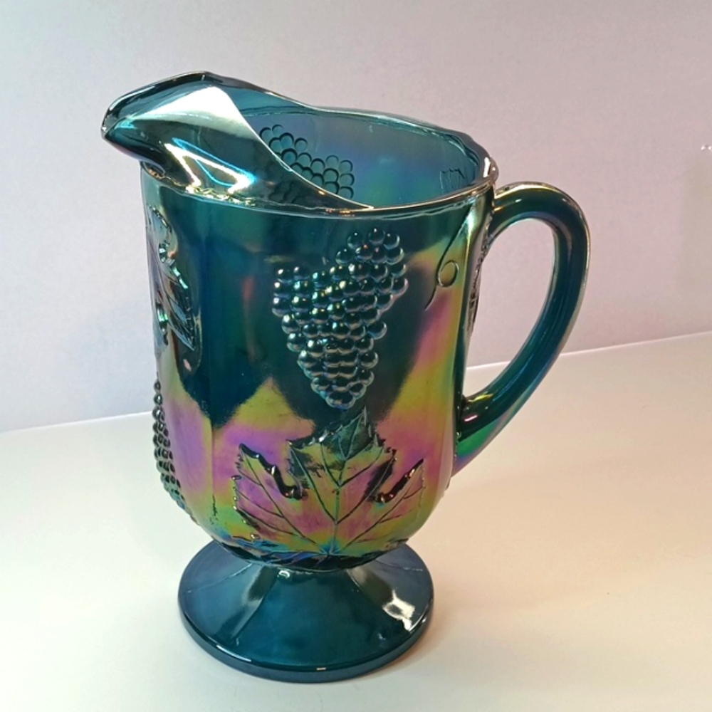 Vintage Indiana Glass Blue Purple Carnival Glass Pitcher Grape & Leaf Pattern